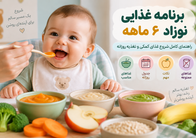 برنامه غذایی نوزاد ۶ ماهه؛ راهنمای کامل شروع غذای کمکی و تغذیه روزانه